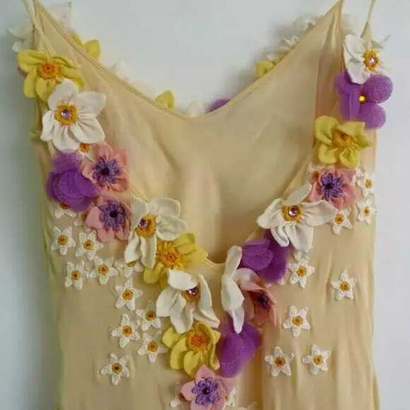 MOSCHINO IVORY LEMON 3D FLOWER APPLIQUES BEADED SILK SLIP DRESS USA 12 IT46 PURP - Picture 10 of 13